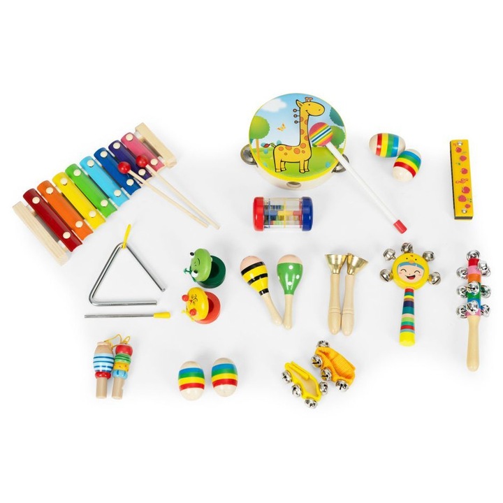 Fából készült zenei készlet, "ISP Music Pack", éles szélek nélkül, 14 hangszer, Tárolótáska, Sárga