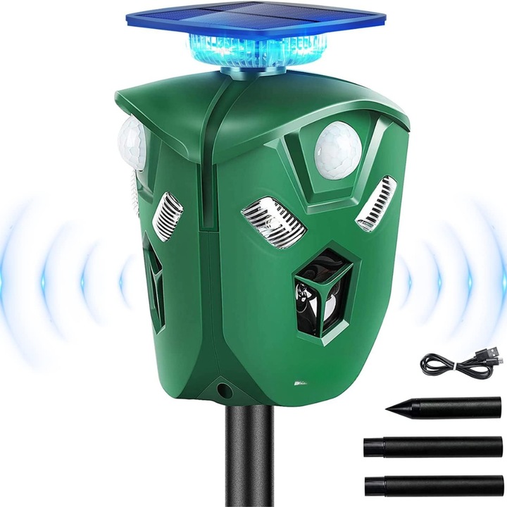 BIRAI BR07 ultrahangos kártevőriasztó, 360°-os látószöggel, 3 infravörös érzékelővel, 5 üzemmóddal, villogó LED fényekkel, napelemes/USB töltési lehetőséggel, macskák, kutyák, madarak, rágcsálók elleni védelemmel, zöld