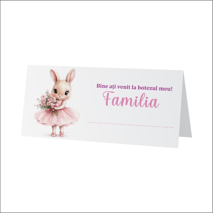 Plic de bani pentru botez model iepuras roz balerina cu buchet de flori roz, pentru fetite