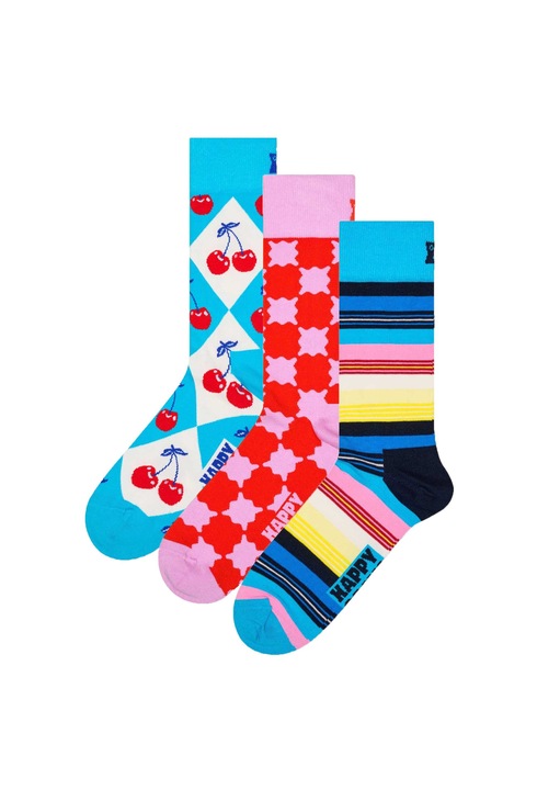 Happy Socks, Set de sosete lungi unisex - 3 perechi, Rosu/Roz/Albastru