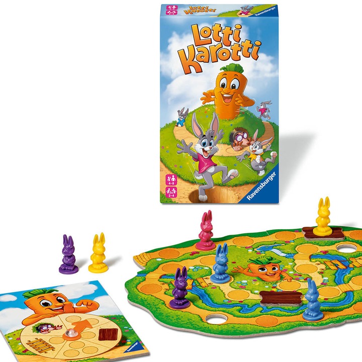 Lotti Karotti társasjáték, Ravensburger, kompakt kiadás, többnyelvű, gyerekeknek, komplett készlet