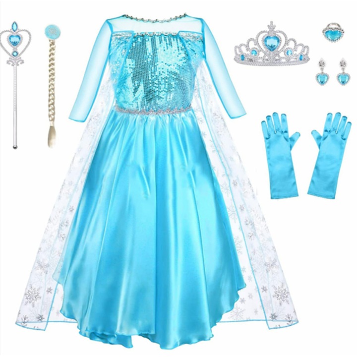 Set rochie fetite carnaval cu sclipici si 7 accesorii Mixbo, Printesa, satin/tul, 8-9 ani, turcoaz