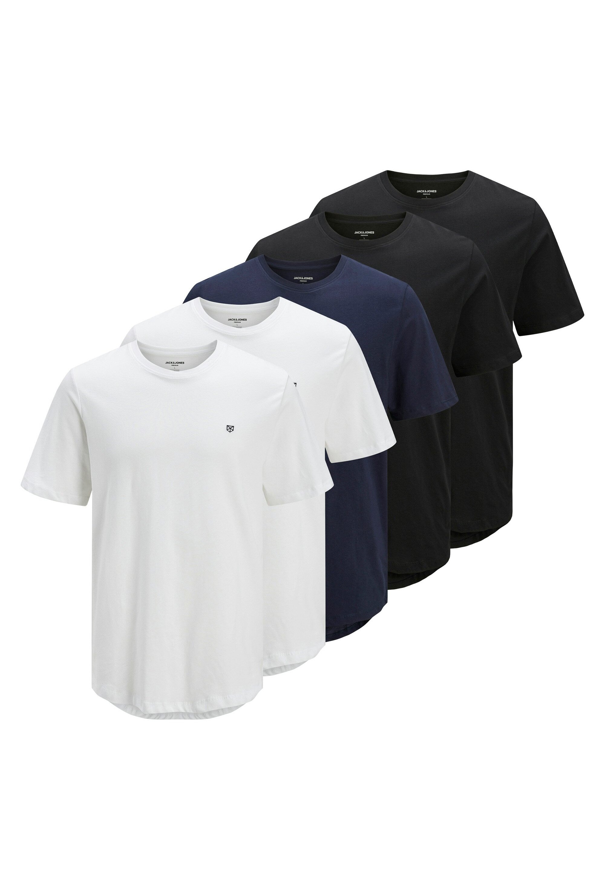 Jack & Jones, Set de tricouri din bumbac cu detaliu pe piept - 5 piese, Alb, Negru, Albastru, M