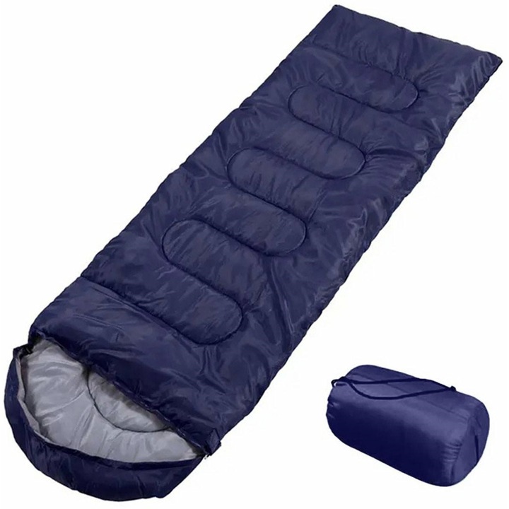 Sac de dormit tip mumie, Cribeau, 2 sezoane, Rezistent la frig si apa, ideal pentru camping, drumetii si calatorii, gluga cu cordon, greutate redusa si usor de transportat, 200 cm, Albastru/Gri