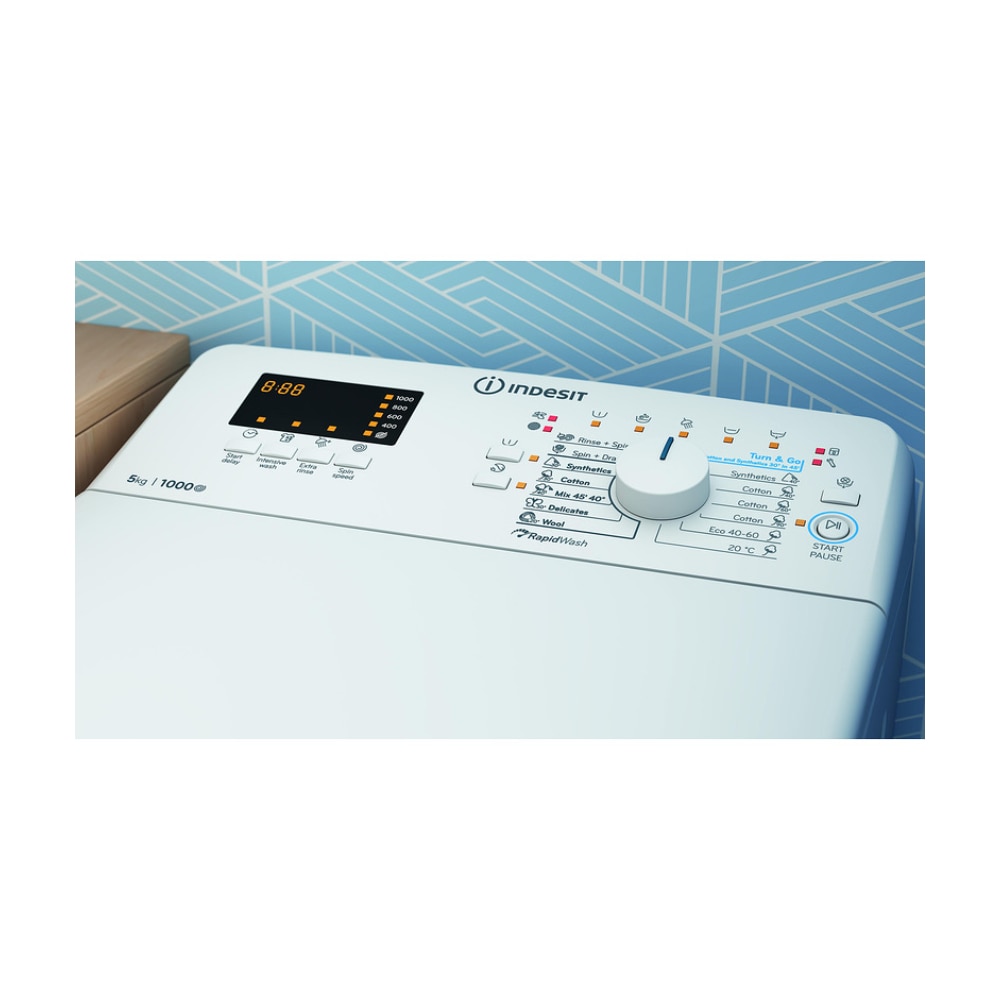 Masina de spalat rufe cu incarcare verticala Indesit BTW S50400 EU/N, Turn&Go, Energy Saver, 1000 rpm, 5 kg, Clasa C, Alba