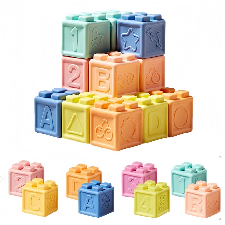 Комплект меки кубчета за бебета 0-3 години - образователна играчка, голям размер, нетоксичен, устойчив на кипене в гореща вода, 16 кубчета