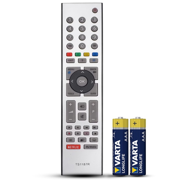 Telecomanda compatibila Grundig, TS1187R, 32CLE7425BL, 40CLE6425BR, 42CLE8475BL, 43VLE6524BL, TEMIX®, gri, baterii incluse