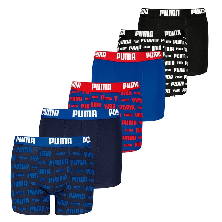 Puma, Set de boxeri cu model logo - 6 perechi, Rosu/Negru/Albastru
