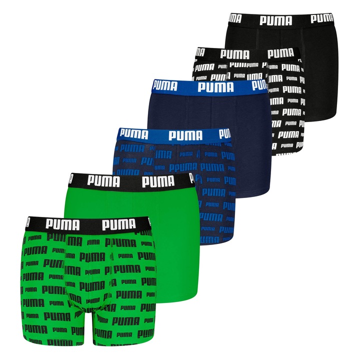 Puma, Set de boxeri cu model logo - 6 perechi, Verde/Negru/Albastru