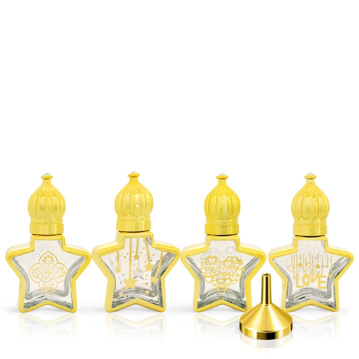 4 db 8 ml-es roll-on üvegcse készlet, zioda smart essentials®, kis üres üvegek illóolajokhoz, parfümhöz, aromákhoz, mirhához, univerzális, újrafelhasználható, mini tölcsérrel, ORIENTAL BLISS COLLECTION, csillag, arany