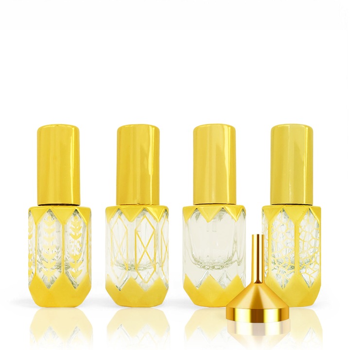 Set 4 recipiente sticla 6ml spray, zioda smart essentials®, sticlute mici goale cu pulverizator pentru uleiuri esentiale, parfum, arome, mir, universale, reutilizabile, mini palnie inclusa, ORIENTAL BLISS COLLECTION, Royal, auriu