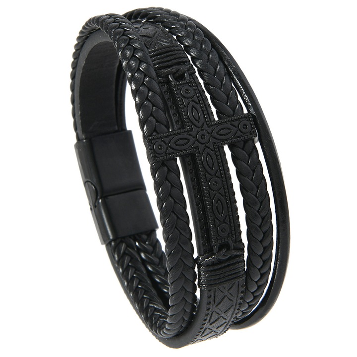 Bratara Barbateasca, Danati™, din Piele si Metal, Model 4 siraguri si Cruce, inchidere magnetica, Negru, circumferinta bratului 18.5-19.5 cm (19.5cm fixa)