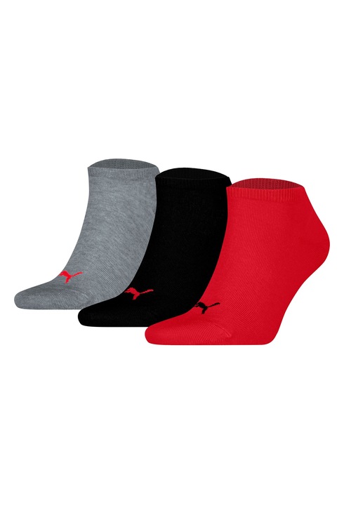 Puma, Set de sosete unisex pana la glezna cu imprimeu logo - 3 perechi, Rosu/Negru/Gri