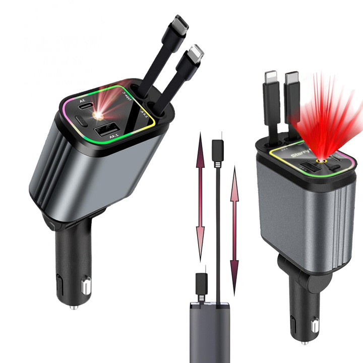 Incarcator Auto 4 in 1 Retractabil – 66W Incarcare Super Rapida, Proiectie Cer Instelat, Porturi USB & Type-C, Cabluri iPhone si Type-C, Unghi Reglabil 180°