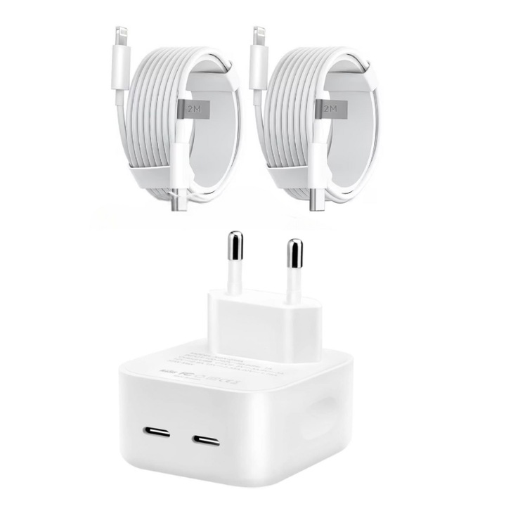Kit Incarcator rapid 40W 2 porturi USB-C, 2 cabluri USB-C 2M, compatibil cu iPhone 14/13/12/11, QUANDES®