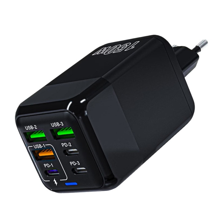 Зарядно устройство със захранващ адаптер 150 W, DigikalaX®, 6 порта, 3 x USB, 3 x Type-C, бързо зареждане, LED, черно