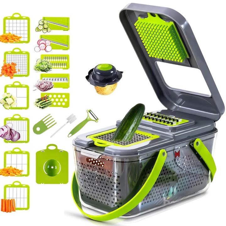 Feliator de legume multifunctional, BYONDSELF®, 22 in 1, lama din otel inoxidabil, cu perie de curatare/decojie, pentru legume si fructe, verde