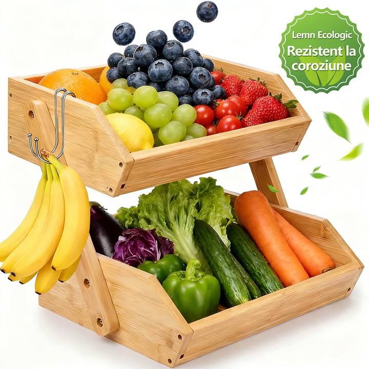 Cos Pentru Fructe si Legume, Din Lemn, BYONDSELF®, cu Doua Niveluri, cu Accesorii, Dimensiuni 30×25×26.5 cm