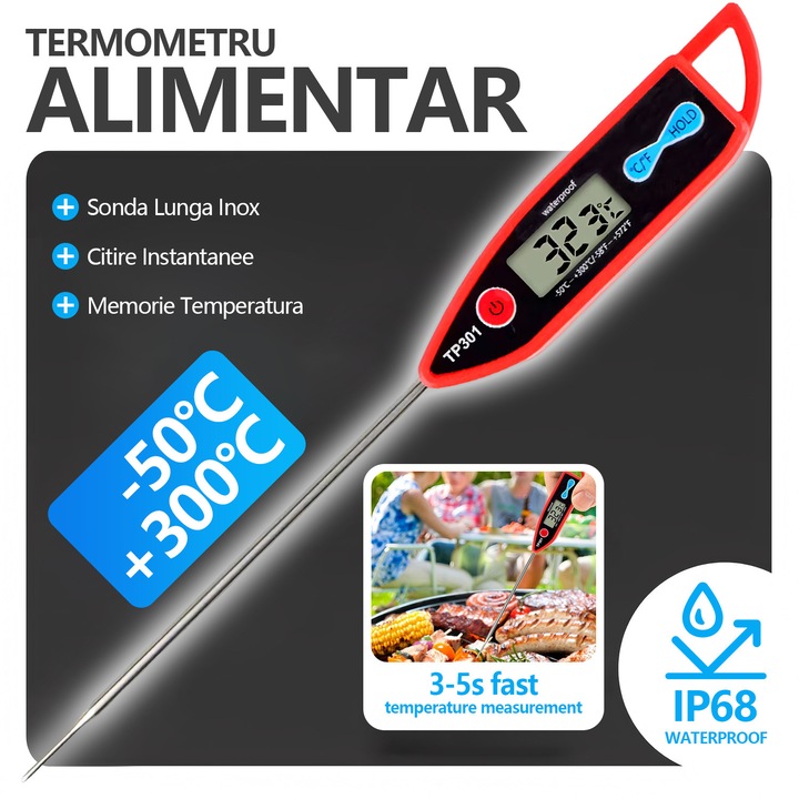 Termometru Alimentar, Sonda Lunga Inox, Digital, BYONDSELF®, Citire Instantanee, Memorie Temperatura, Oprire Automata 10min, -50℃/+300℃, Rezistent la Apa, pentru Mancare, Lichide, Carne, Prajituri