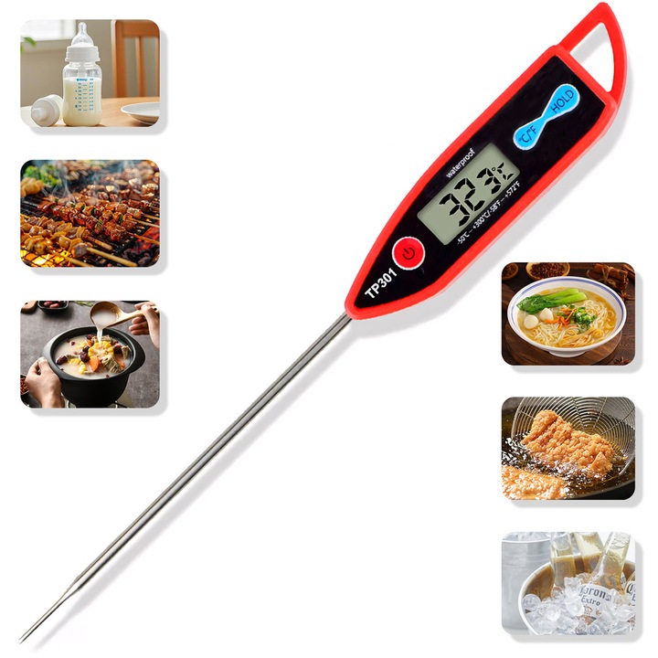 Termometru Alimentar, Sonda Lunga Inox, Digital, BYONDSELF®, Citire Instantanee, Memorie Temperatura, Oprire Automata 10min, -50℃/+300℃, Rezistent la Apa, pentru Mancare, Lichide, Carne, Prajituri