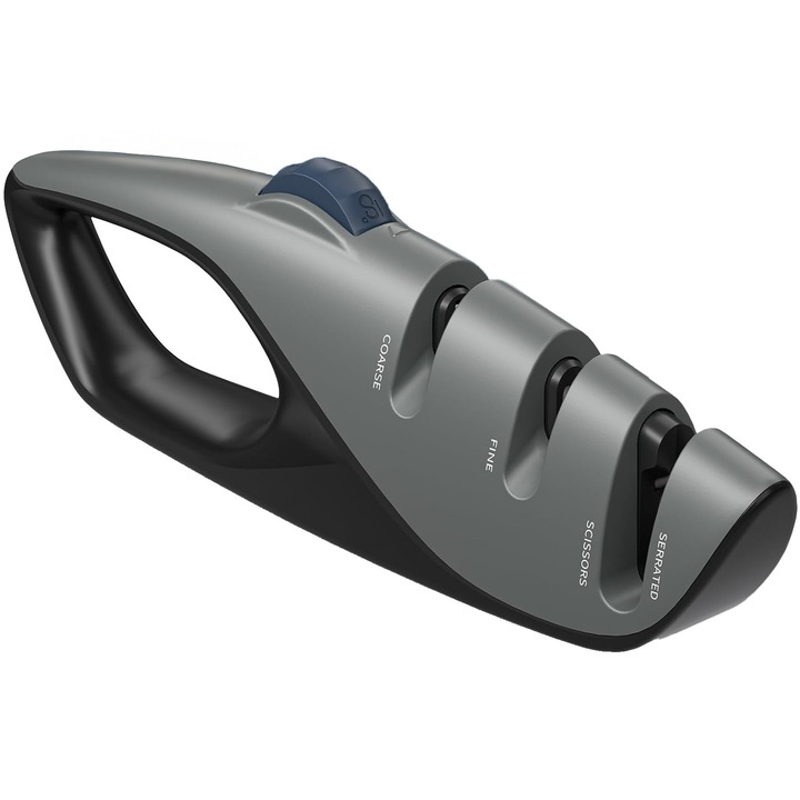 Késélező, BYONDSELF®, 5 állítható élezési szöggel, csúszásmentes gumi él, konyhai késekhez, recés késekhez, ollókhoz, szürke-fekete