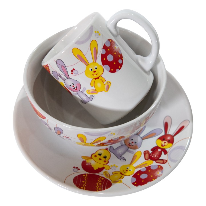 Set 3 piese, farfurie deset, bol, cana, Cesiro, Decor iepuras