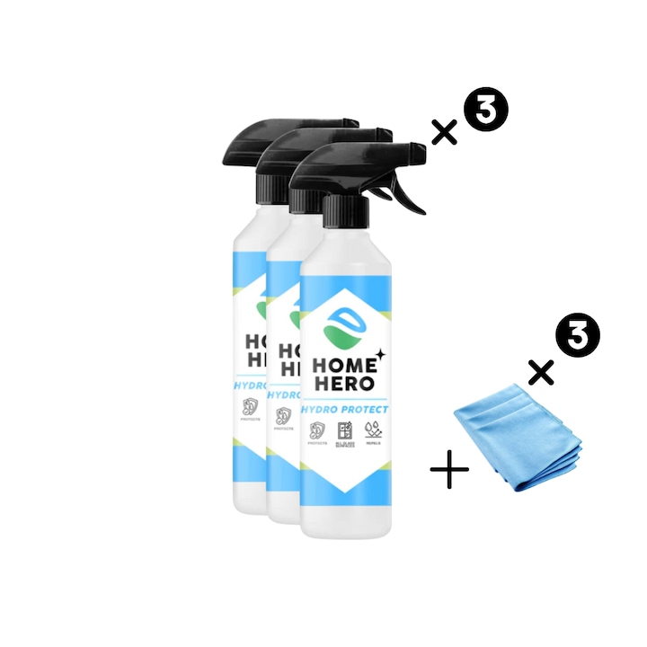 Set 3 x Solutii cu efect Hidrofob de lunga durata + 3 Lavete Microfibra tip Fagure, Pachet HoReCa, Sticla si Inox, HydroProtect, Home Hero, 5000 ml