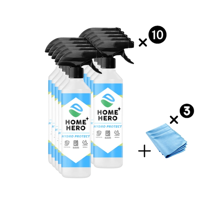 Set 10 x Solutii cu efect Hidrofob de lunga durata + 3 Lavete Microfibra tip Fagure, Pachet HoReCa, Sticla si Inox, HydroProtect, Home Hero, 5000 ml