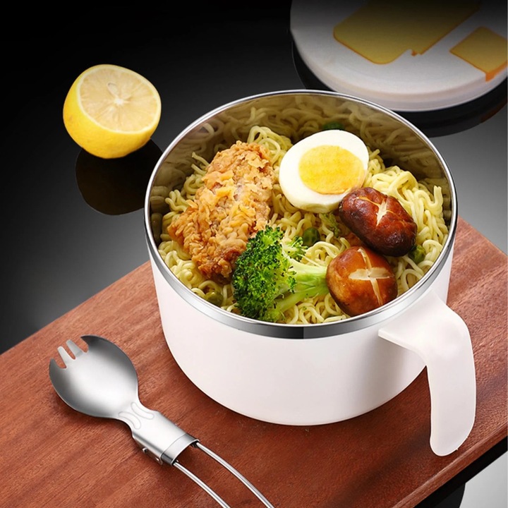 Bol pentru taitei YANYXR, inox 304, set cu lingura si betisoare pliante, 1200ml, alb, 12x17x15cm