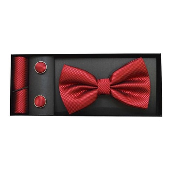 Set papion rosu Mistery cu butoni si batista, Matase Set papion rosu Mistery cu butoni si batista, Matase