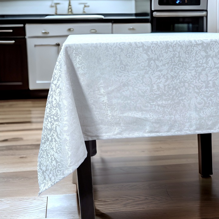 Foltálló teflon pamut terítő, fehér virágmintás, 220 cm kerek