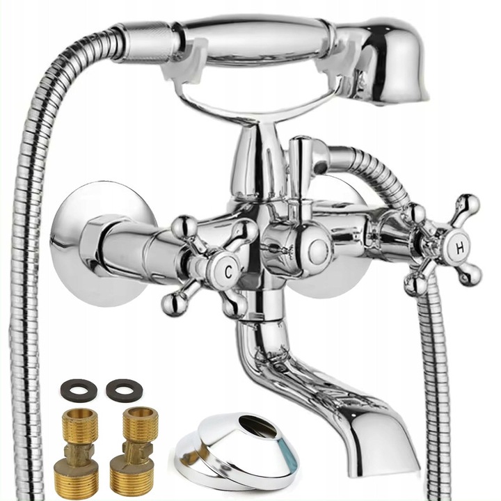 Baterie baie perete retro cada dus set complet robinet cu pipa rotativa crom antichizat stil vintage baterie cada-dus cu montaj mural set dus cu furtun para suport design clasic mixer apa calda rece elegant