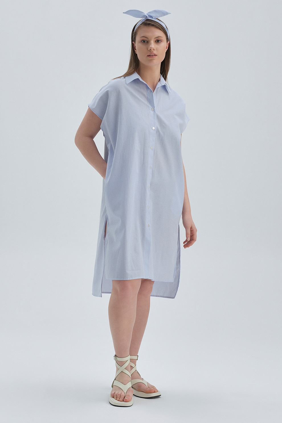 Dagi, Rochie-camasa asimetrica cu slituri laterale, Albastru glaciar, 1