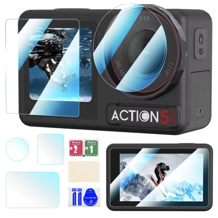 BRDRC edzett üveg védőszett DJI OSMO Action 5 Pro-hoz, 3 darabos, 0,4 mm-es, törlőkendővel és porszívóval együtt