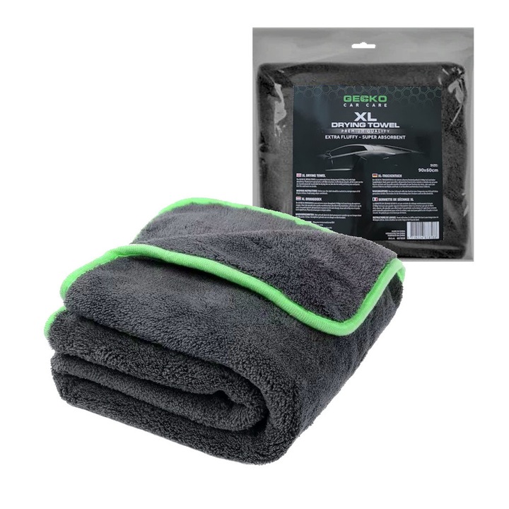 Prosop auto plusat GECKO Premium Extra Fluffy Drying Towel XL cu microfibre absorbante pentru uscare caroserie 60cm x 90cm