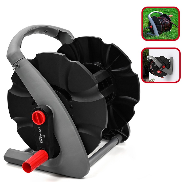 Carucior pentru furtunuri de gradina, Lehmann HD-20, pentru furtunuri de 1/2", max. 20 m, polipropilena/metal, 35x44x29 cm, gri/negru/rosu