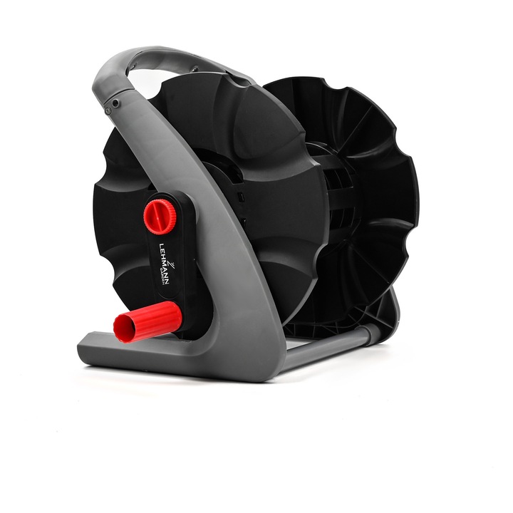 Количка за градински маркуч, Lehmann HD-20, за маркучи 1/2“, макс. 20 м, полипропилен/метал, 35x44x29 см, сива/черна/червена