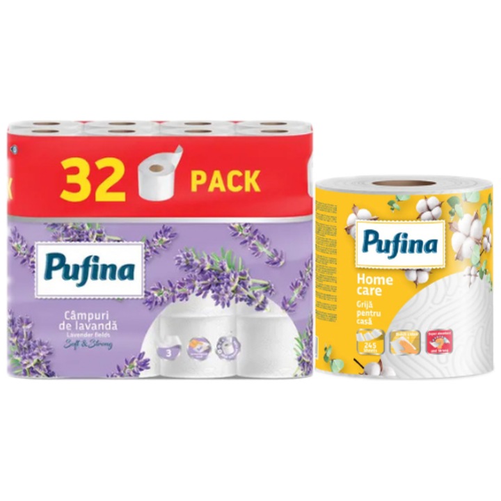 Pachet Hartie igienica Pufina Campuri de Lavanda, 32 role, 3 straturi + prosop monorola Pufina Home Care