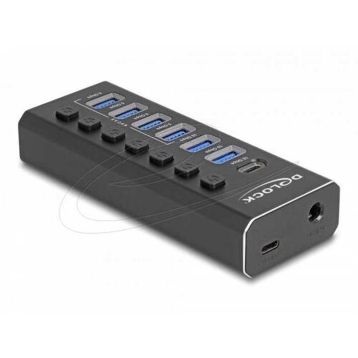 Delock USB Хъб, 7 портa, 10 Gbps, 6 x USB-A, 1 x USB-C