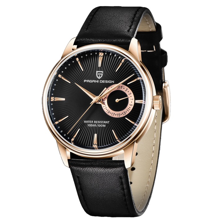 Ceas pentru bărbați Pagani Design Unseel, Cuarț, Piele naturală, Negru / Auriu