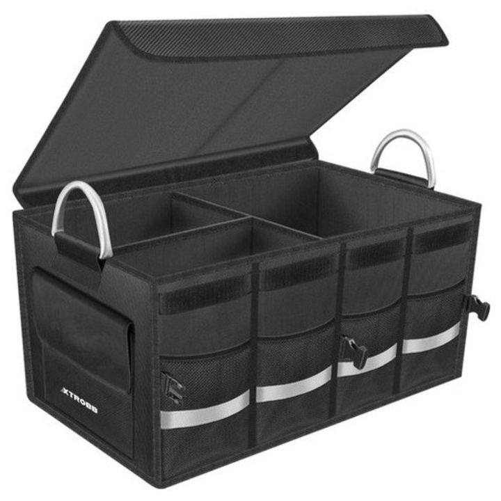 Органайзер за багажник, WTO®, многофункционална чанта, сгъваема, 3 отделения, водоустойчив материал, алуминиеви дръжки, светлоотразителна лента, 60 X 35 X 30 см, обем 60L, Черен