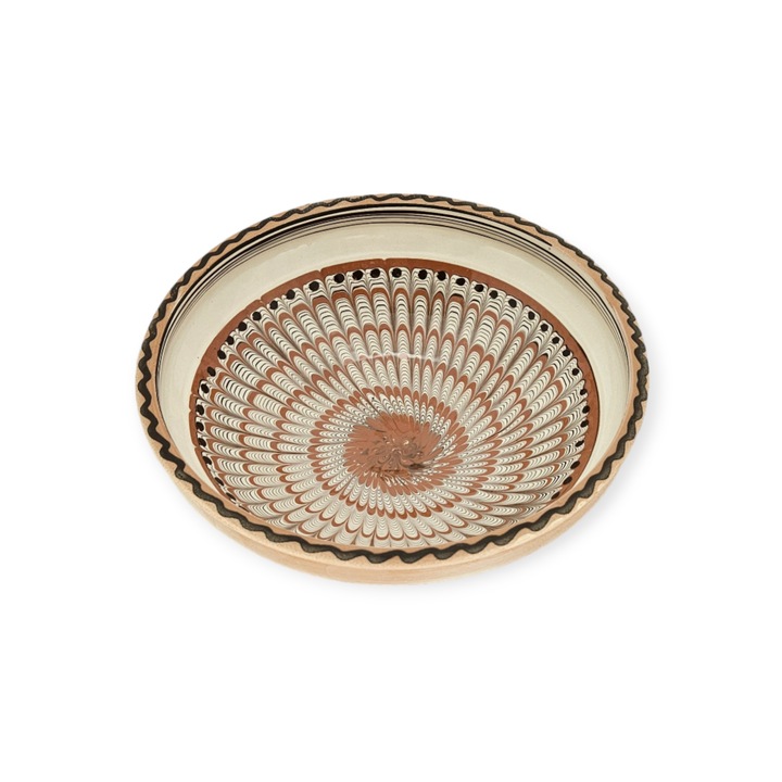 Strachina Traditionala CERAMICA DE HOREZU 1922 model Coada de Paun culoare Rosu 22cm