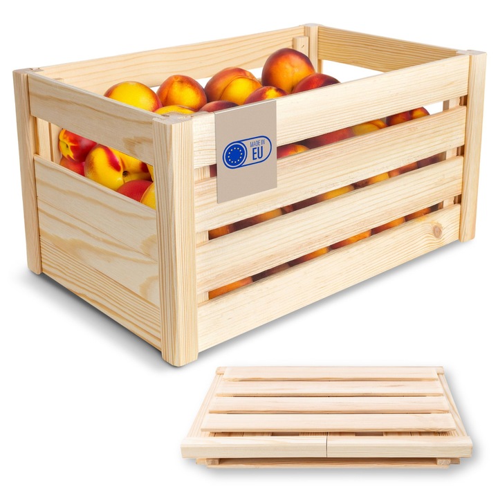 Összecsukható fa láda, Creative Deco, 46 x 29, 5 x 23, 5cm, egyszerű összeszerelés szerszám nélkül, gyümölcsök és zöldségek tárolására, játékokhoz, dekoratív tárolódobozként használható