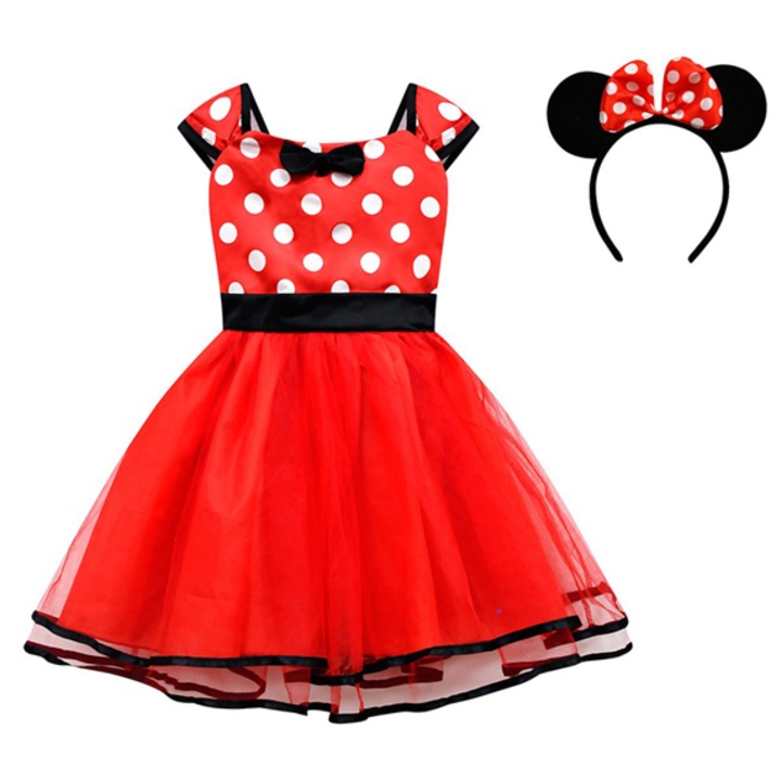 Set rochie fetite pentru carnaval si bentita Mixbo, Printesa, satin/tul, 7-8 ani, rosu cu buline albe