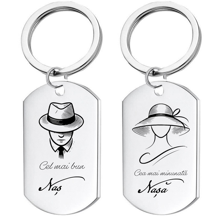 Set Cadou Pentru Nasi, JOYSTOS, 2 Brelocuri, gravate cu Mesaj ”” Cea mai buna nasa / Cel mai bun Nas”, Cadou Nas, Cadou Nasa, 30x50 mm