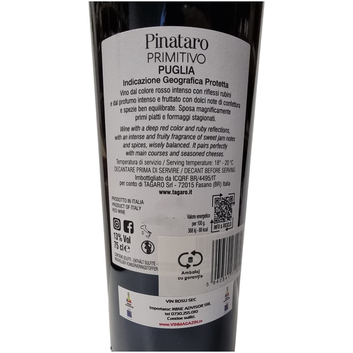 Vin Rosu Tagaro Pinataro,Primitivo, Sec, 0.75l