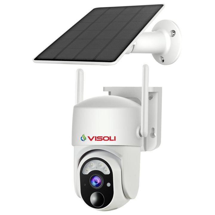 Camera de supraveghere Sim 4G cu Panou Solar Visoli® VS-S50 4G, 4MP, Detectie Umana, Zoom digital 4X, IR 20m, rezistenta la apa, Rotire din aplicatie, rezistenta la apa, senzor miscare, Alb
