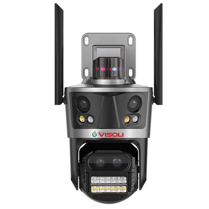 Camera de Supraveghere Tripla WIFI Visoli® P11 Zoom, 12MP Rezolutie 6KUHD, Exterior, Zoom 8X, Compatibila Alexa, NVR, Comunicare Bidirectionala, Led Alarma, Senzor Detectie Umana, Leduri, Lumina, Rotire