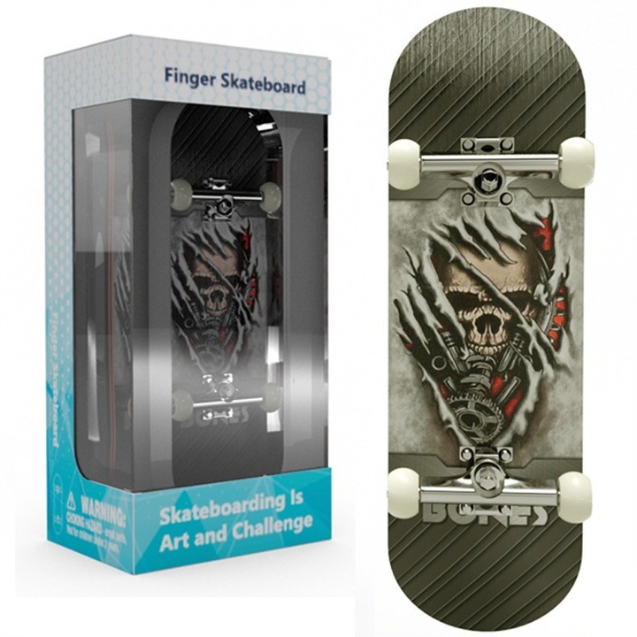 Mini skateboard de degete, model craniu mecanic, set complet, multicolor, 9.9x2.9cm