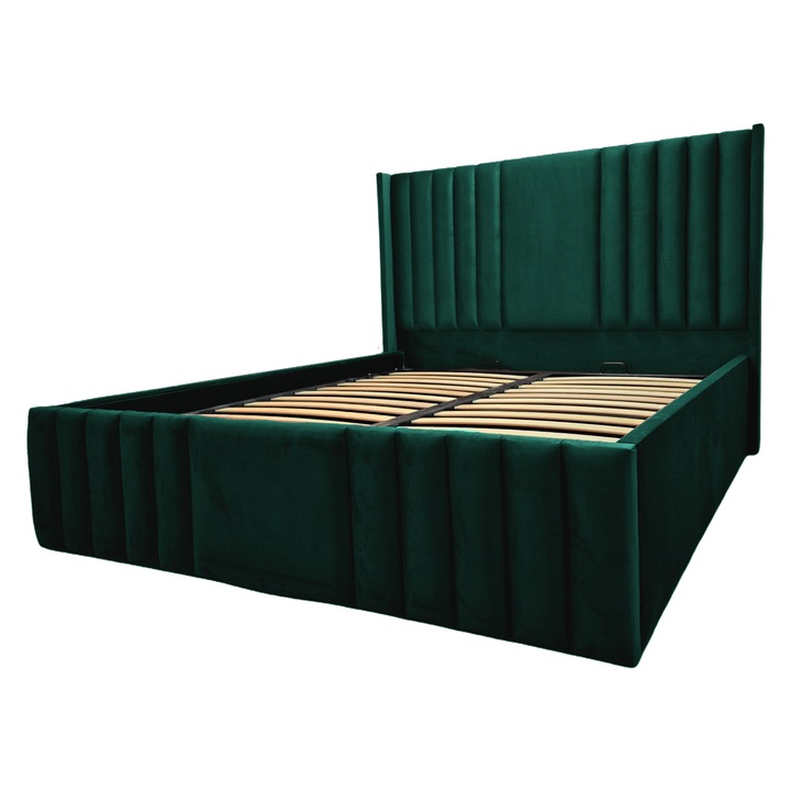 Pat 160x200 tapitat cu loc de depozitare si somiera rabatabila Corleone verde smarald